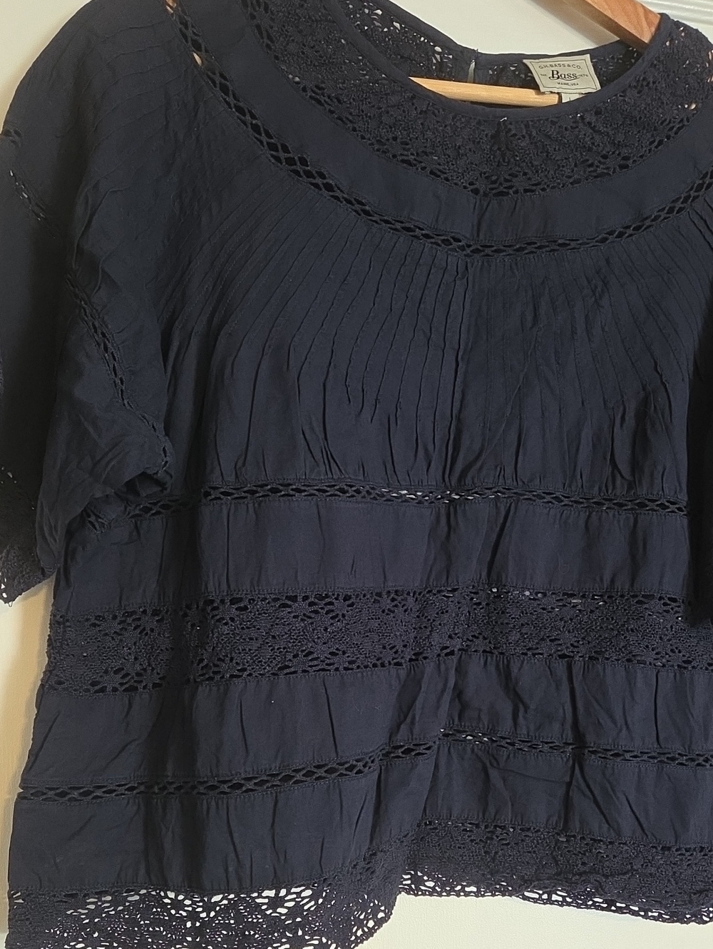 G.H. Bass & Co. Navy Crochet-Trim Pintuck Blouse